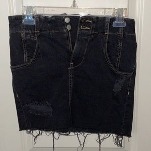 Free People Black Denim Buckle Distressed Mini Skirt